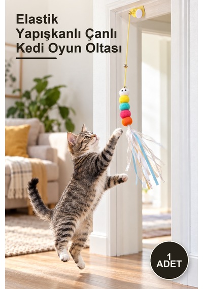 1 Adet Elastik Yapışkanlı Çanlı Kedi Oyun Oltası