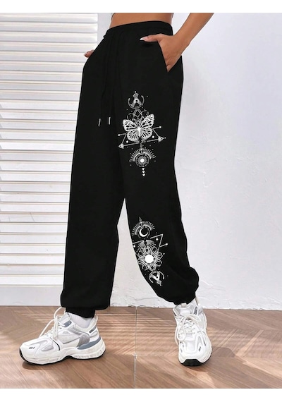 Butterfly Print Elastic Waist 4 Mevsim Eşofman Siyah