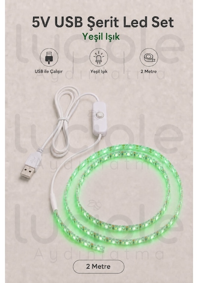 2 Metre 5v Usb Yeşil Şerit Led Anahtarlı Tv Arkası Gaming Masa Raf Powerbank Dekoratif Led