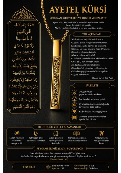 Erkek Kadın Ayetel Kürsi Yazılı Çelik Kolye Paslanmaz Çelik Dikdörtgen Minimal Manevi Tasarım Kolye Altin
