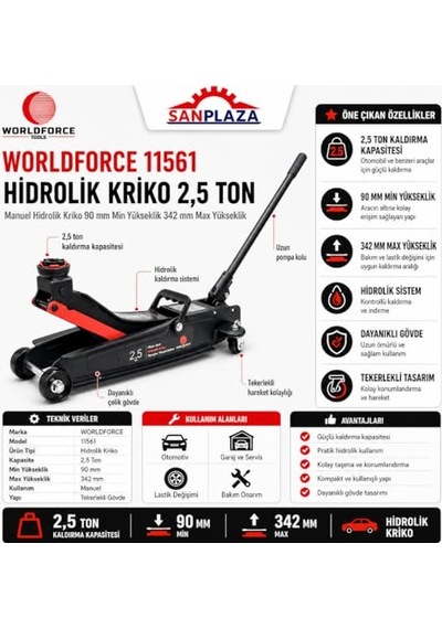 Worldforce 11561 2,5 Ton Hidrolik Alçak Şase Kriko Araç Kaldırma Oto Garaj Krikosu