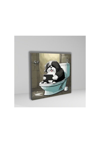 Tekli Kare Kanvas Banyo Tablosu Tabletle Oynayan Terrier Köpek Kanvas Çok Renkli Çerçevesiz