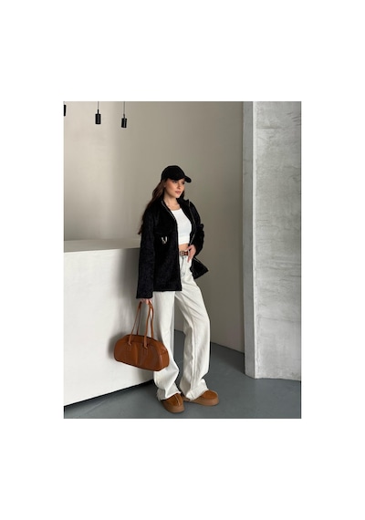 Asur Boutique Asur Butik Kadın Keçeli Kumaş Tokalı Fermuarlı Ceket Siyah