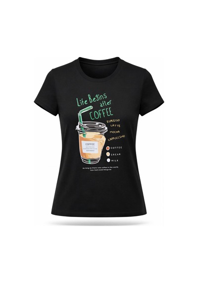 Kadın Siyah Coffee Baskılı %100 Pamuk Tişört Siyah