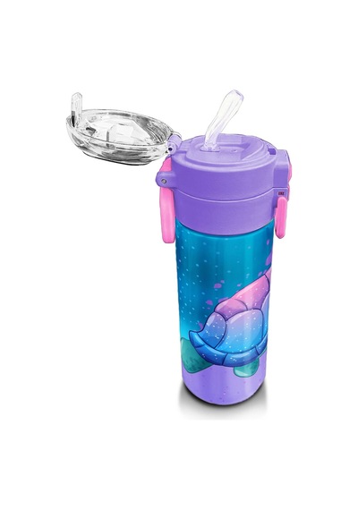 Coral High Kids Açık Pembe Mavi Kaplumbağa Desenli Pipetli Ve Direkt İçim Çelik Termos 500 Ml 31808 Pastel Pembe
