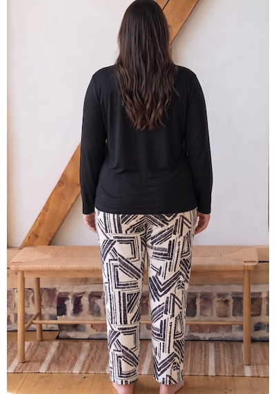 Siyah İnci Siyah Desenli Düğmeli Büyük Beden Battal Boy Viskon Örme Pijama Takım 26224857