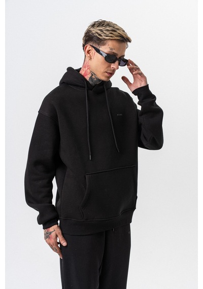 Erkek Respire Yazı Detaylı Kapüşonlu Basic Oversize Hoodie Siyah