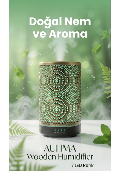 Auhma Humidifier Zaman Ayarlayıcılı 7 Farklı Led Işıklı Buharlı Hava Temizleyici Altın