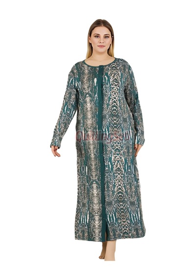 Lady Desenli Ve Boydan Düğmeli 7288 Kadın Uzun Kol Düğmeli Yaka Büyük Beden Anne Gecelik, Elbise Siyah - Yeşil