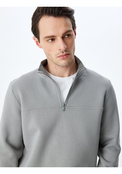 Koton Uzun Kollu Pamuk Karışımlı Basic Yarım Fermuarlı Sweatshirt Gri 5wam70255mk Gri