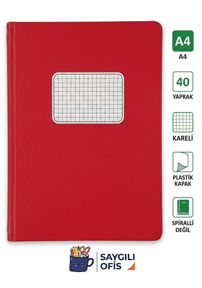 40 Yaprak A4 Dikişli Düz Pp Kapak Kareli Defter Kırmızı