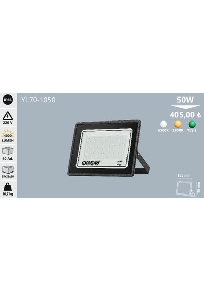 Noas: 50w Ultra Slim Led Projektör, Beyaz Işık Yl70-1050
