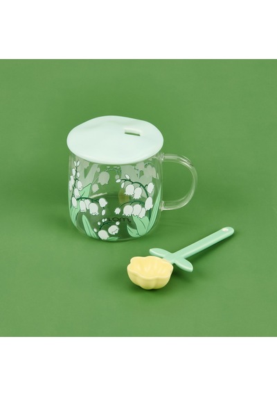 Aroww Kapaklı Kaşıklı Cam Kupa - Asorti - 400 Ml Renkli