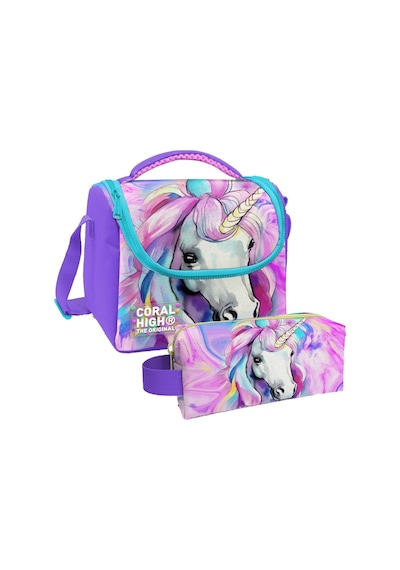 Coral High Unicorn Desenli Kız Çocuk Isı Yalıtımlı Beslenme Çantası Ve Kalemlik Seti