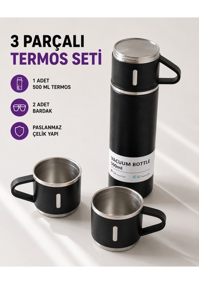 Çelik Termos Bardak Seti 500 Ml Kapasite, Kaymaz Taban, Hediye Kutulu Çokrenkli