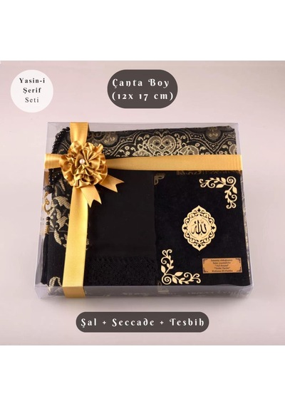 Şal + Seccade + Tesbih + Yasin Hediye Seti Çanta Boy, Şems Lafzatullah, Raşel Cilt, Siyah