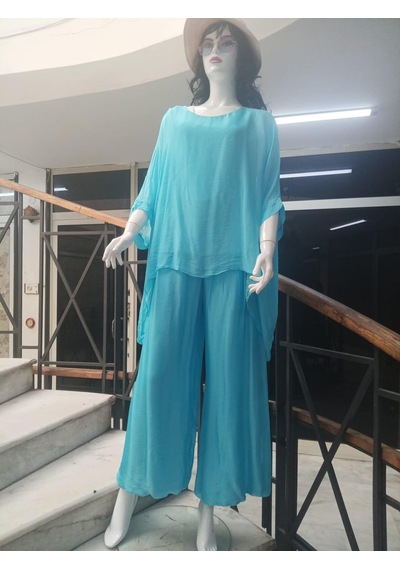 Bohem Stil İtalyan Yarasa Kol İpek Bluz & Pantolon Takım-8767 Turkuaz