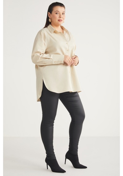 ETHIQUET AMARABB Kadın %100 Organik Pamuk Oversize Fit Poplin Manşetli Bej Büyük Beden Gömlek