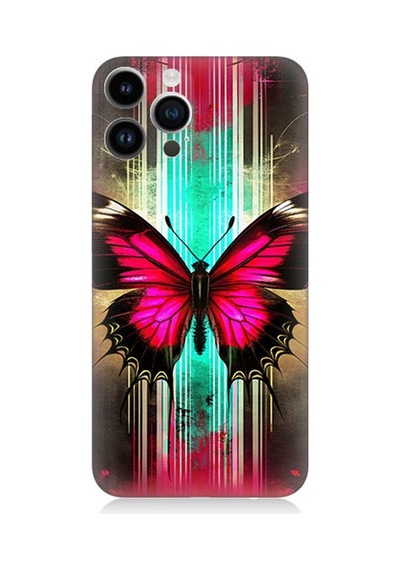 Apple iPhone 13 Pro Uyumlu Neon Kanatlı Kelebek Desenli Silikon Kılıf Çok Renkli