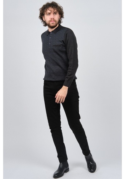 Çizgi Triko Erkek Cep Detaylı Polo Yaka Desenli Kazak 42544230 M. Lacivert