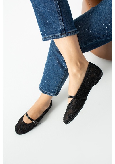 Dabab Shoes Lorena Kadın Siyah Çiçek Nakışlı Tül Mary Jane Babet