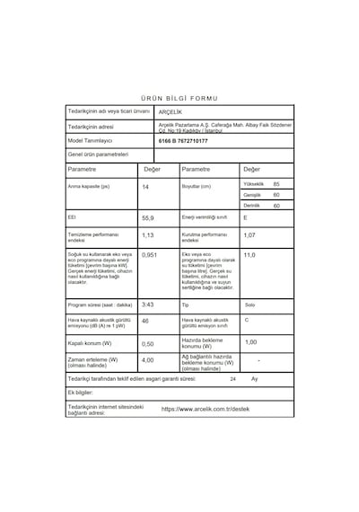 Arçelik 6166 B 6 Programlı 14 Kişilik Bulaşık Makinesi