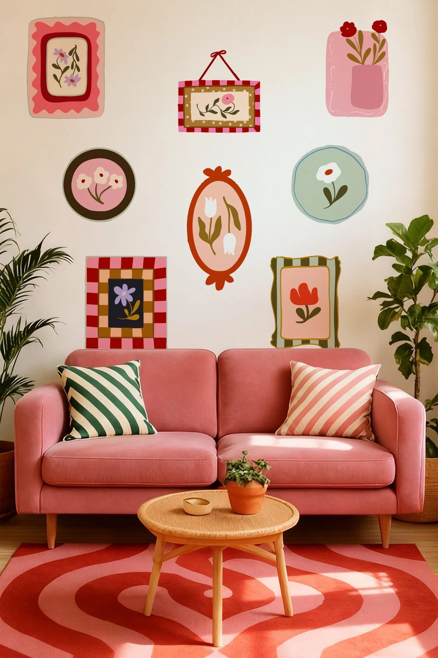 Soft Renkler Pastoral Çerçeve Duvar Sticker Seti 10 Parça Pastel Bahar Temalı Dekoratif Stickerlar Dijital Baskı