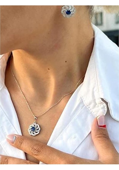 Brezza Lusso Jewelry Gümüş Lüks Mavi Safir Taşlı Çiçek Model Kadın Kolye Küpe Set
