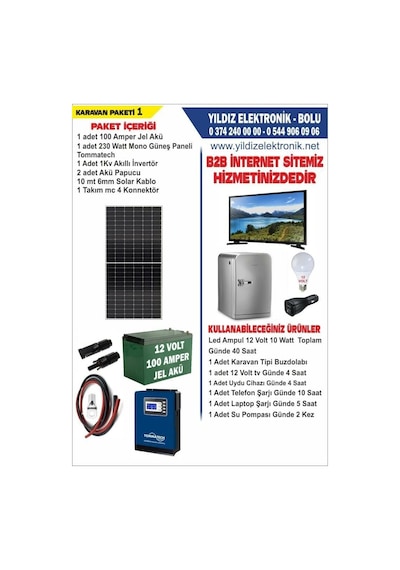 Solar Karavan Paketi 1- 230watt Panel - 100 Amper Jel Akü - 1000watt Tam Sinüs İnverter