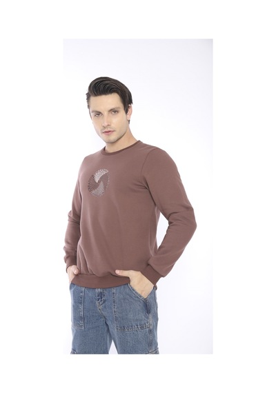 Escetic Erkek Spor Slimfit, Bisiklet Yaka Kahve Sweatshirt-4262 Kahverengi
