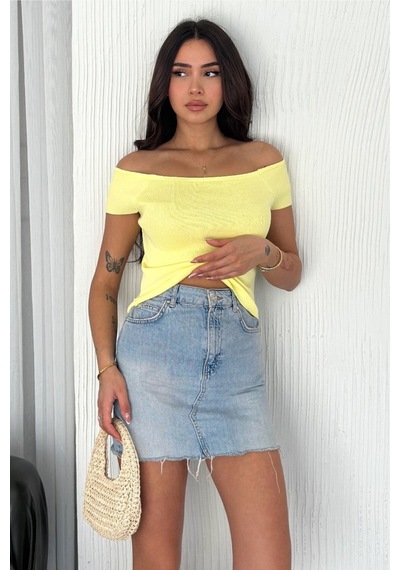 Femelle Kadın Sarı Standart Beden Triko Crop Bluz