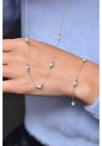 Papatya Silver 925 Ayar Gümüş Rodyum Dorika Toplu Incili Kolye Bileklik Set