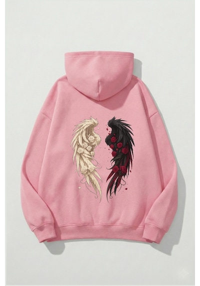 Uyguntarz Unisex Yumuşak Dokulu Güllü Kanat Baskılı Tasarım Oversize 3 İplik Hoodie Sweatshirt Pembe