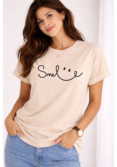 Nevermind Unisex Tişört Smile Baskılı Basic Oversize Günlük Rahat Bej