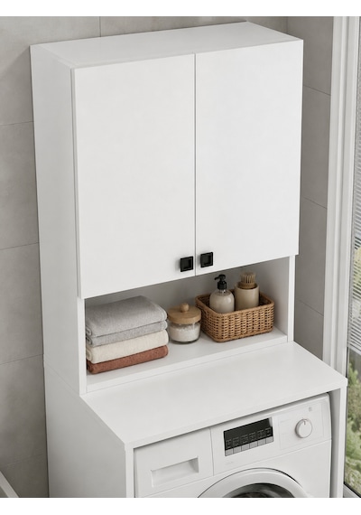 Susa Çamaşır Makinesi Üst Dolabı Çok Amaçlı Banyo Ve Çamaşır Odası Düzenleyici Raflı Kapaklı Depolama Dolabı Beyaz
