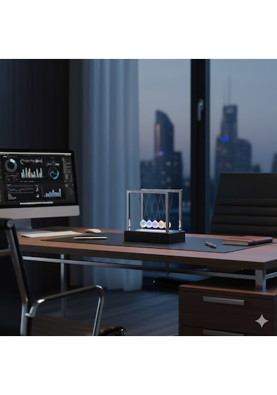 Stres Azaltıcı Ofis Masa Dekoru 5 Toplu Renkli Led Işıklı Newton Denge Topları Dekoratif Hediye