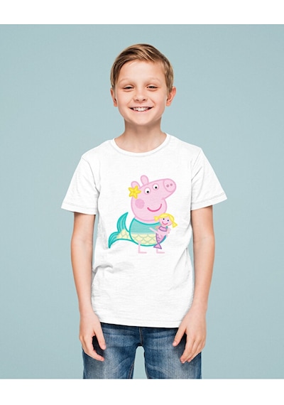 Sevbano Unisex Peppa Pig Baskılı Çizgi Film Çocuk Tişört 1-12 Yaş beyaz