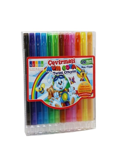 Çevirmeli 12 Li Mum Boya Uzun Pastel Silinebilir Mum Boya Tam Boy Südor 1 Paket Çok Renkli