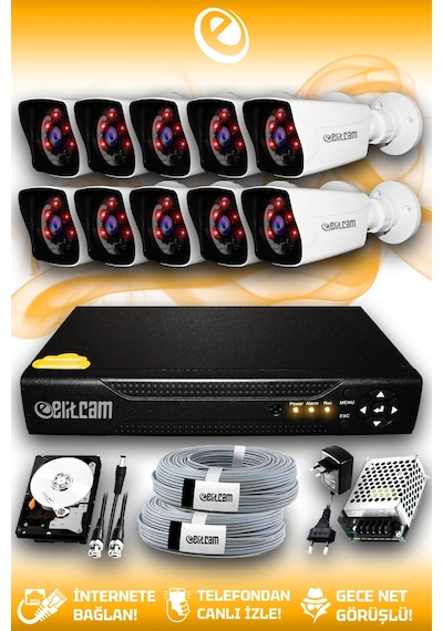 Elitcam 10 Kameralı Kare 10 Dış Kamera Set 2 TB HDD Full HD Gece Görüşlü Güvenlik Kamerası Sistemi