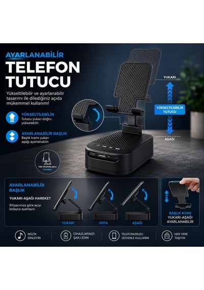 3 Ü 1 Arada Bluetooth Hoparlör Powerbank Ve Telefon Tutucu Özellikli Tf Kart Ve Usb Bellek Destekli Telefon Tutuculu Bluetooth Hoparlör