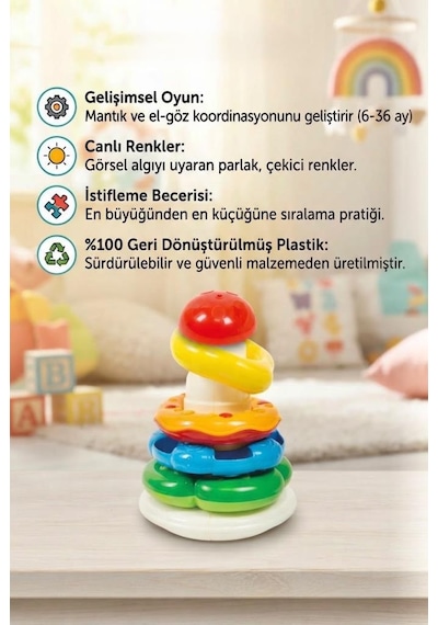 Clemento-ni Eğitici Halka Atma Seti Montessori 6 Parça Sallanan Tabanlı Renkli Bebek Oyunacağı