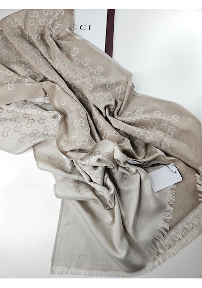 Miorel Scarfs İnce Kumaş G Desen Pamuklu Şal Yün İpek Şal 4 Mevsim Çift Taraflı Bej