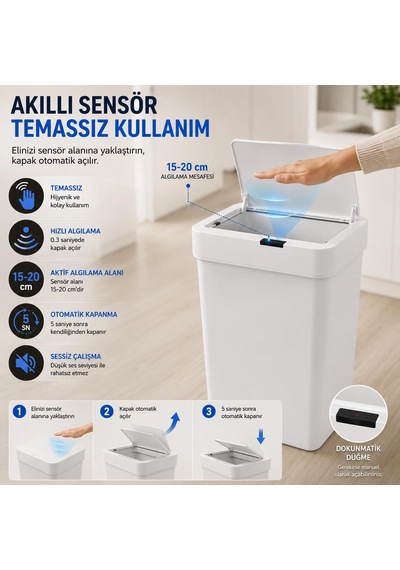 Tr 50 Litre Sensörlü Çöp Kovası, Otomatik Temassız Akıllı Çöp Kutusu, Dokunmatik Açma Özellikli, Sessiz Kapa