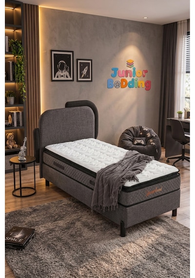 Junior Bedding 100x200 Tek Kişilik Yatak, Baza, Baza Başlık Seti Ortopedik Yataklı Sandıklı Baza 3 Lü Set Gri 100 x 200
