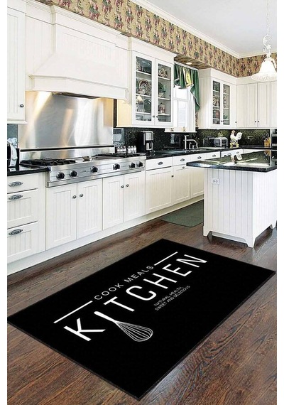 Siyah Kaymaz Tabanlı Kitchen Yazılı Mutfak Halısı Ar019n11