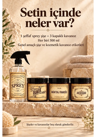 Alubrella 500 Ml 2 Amber Pompalı Şişe, 2 Kapaklı Kavanoz Ve Şeffaf Sprey Şişe Etiketli Set