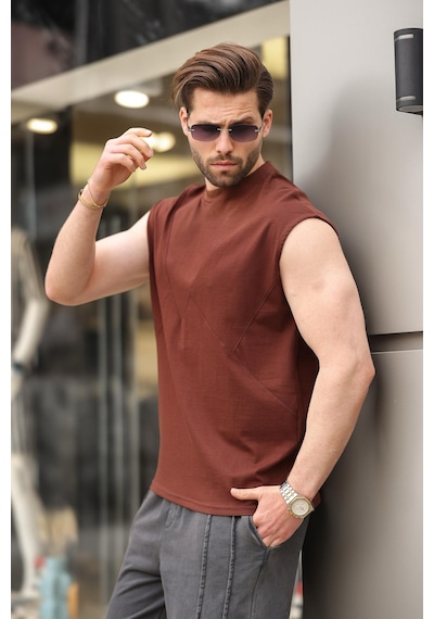 Madmext Acı Kahve Kolsuz %100 Pamuklu Basic Erkek T-shirt E7137 Acı Kahverengi