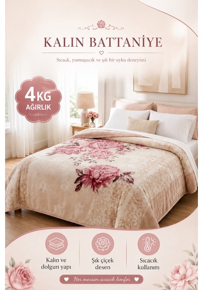 Çift Kişilik Baskılı Battaniye - 4 Kg Kalın Kışlık - 200x240 Cm Pudra