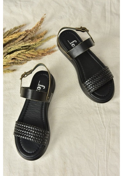Fox Shoes Siyah Hakiki Deri Örgü Modelli Günlük Kadın Sandalet M291053603 Siyah