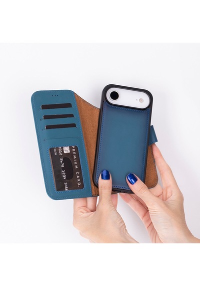 Bloomcase Magic Wallet Midnight Blue Hakiki Deri Apple Uyumlu iPhone 17air 6.5" Cüzdanlı Telefon Kılıfı Mavi